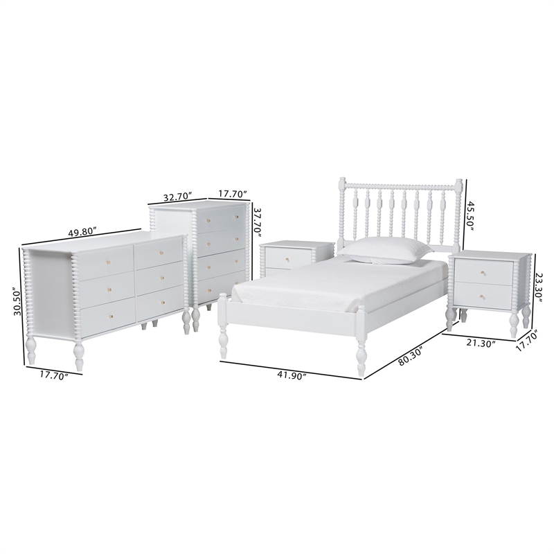 Pemberly Row Spindle 5-Piece Bedroom Set with Platform Bed in White Twin
