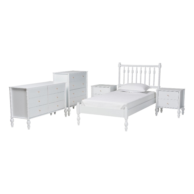 Pemberly Row Spindle 5-Piece Bedroom Set with Platform Bed in White Twin