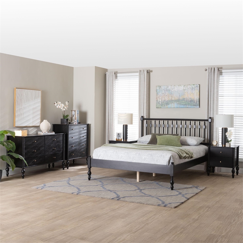 Pemberly Row Spindle 5-Piece Bedroom Set with Platform Bed in Black Full