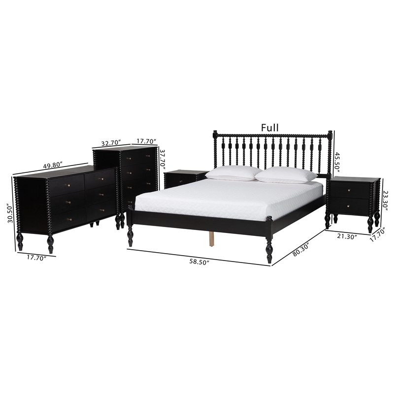 Pemberly Row Spindle 5-Piece Bedroom Set with Platform Bed in Black Full