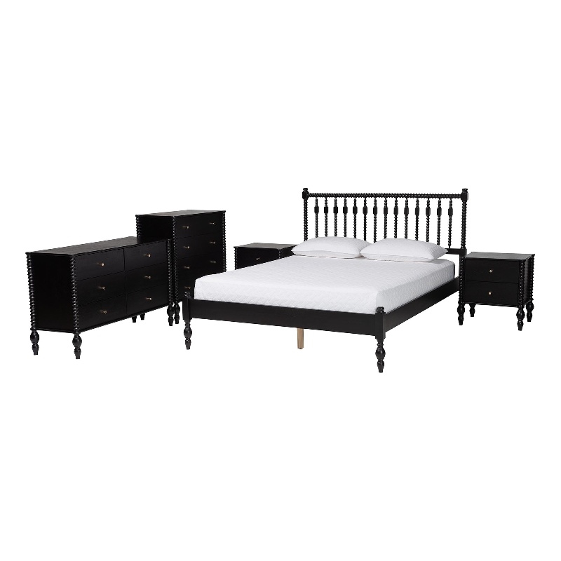 Pemberly Row Spindle 5-Piece Bedroom Set with Platform Bed in Black Full