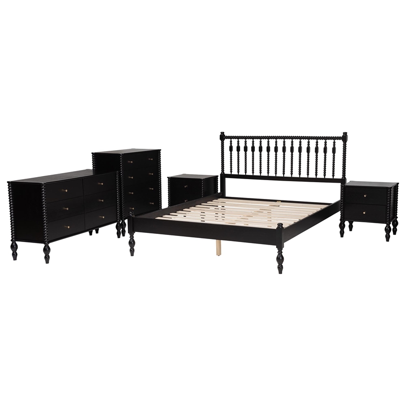 Pemberly Row Spindle 5-Piece Bedroom Set with Platform Bed in Black Queen