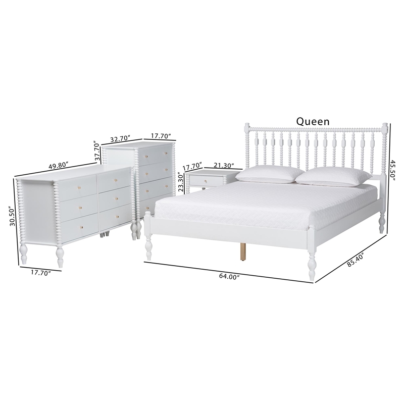 Pemberly Row Spindle 4-Piece Bedroom Set with Queen Platform Bed in White