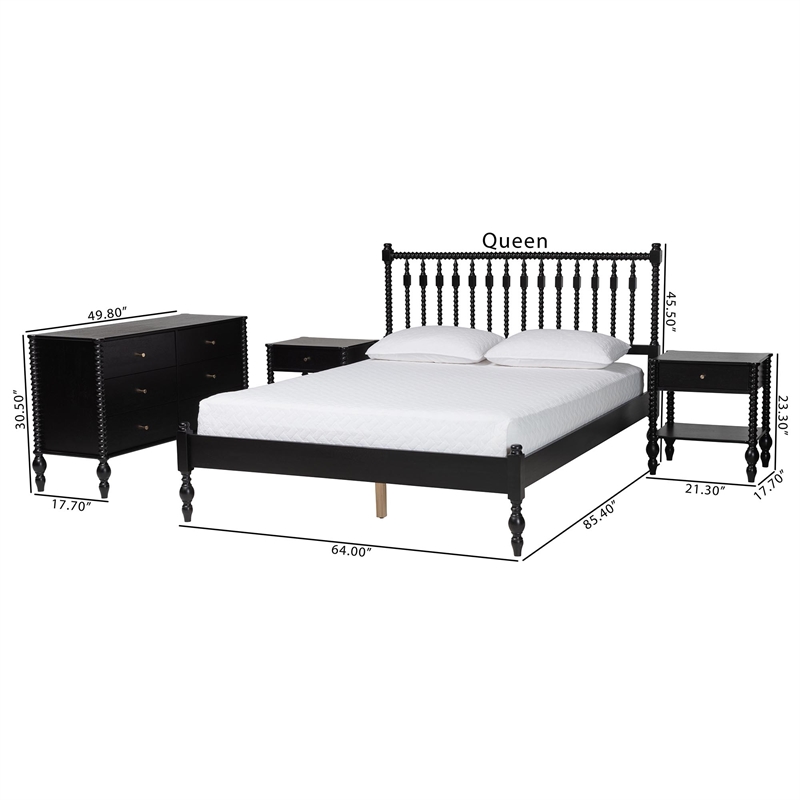Pemberly Row Spindle 4-Piece Bedroom Set with Queen Platform Bed in Black