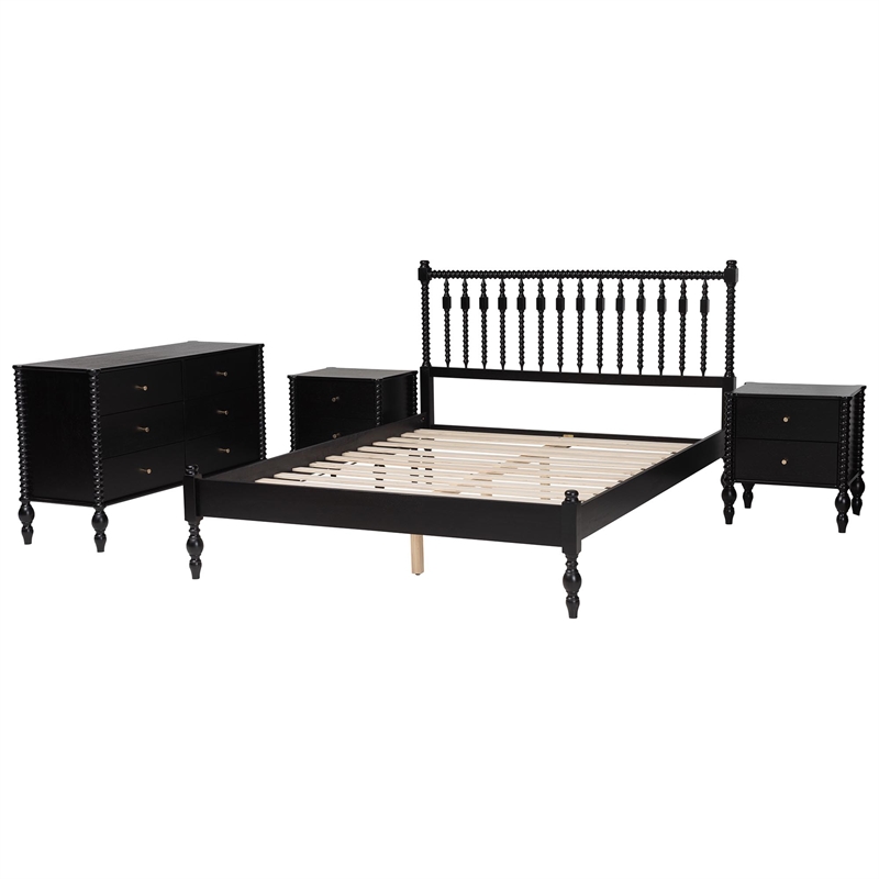 Pemberly Row Spindle 4-Piece Bedroom Set with Queen Platform Bed in Black