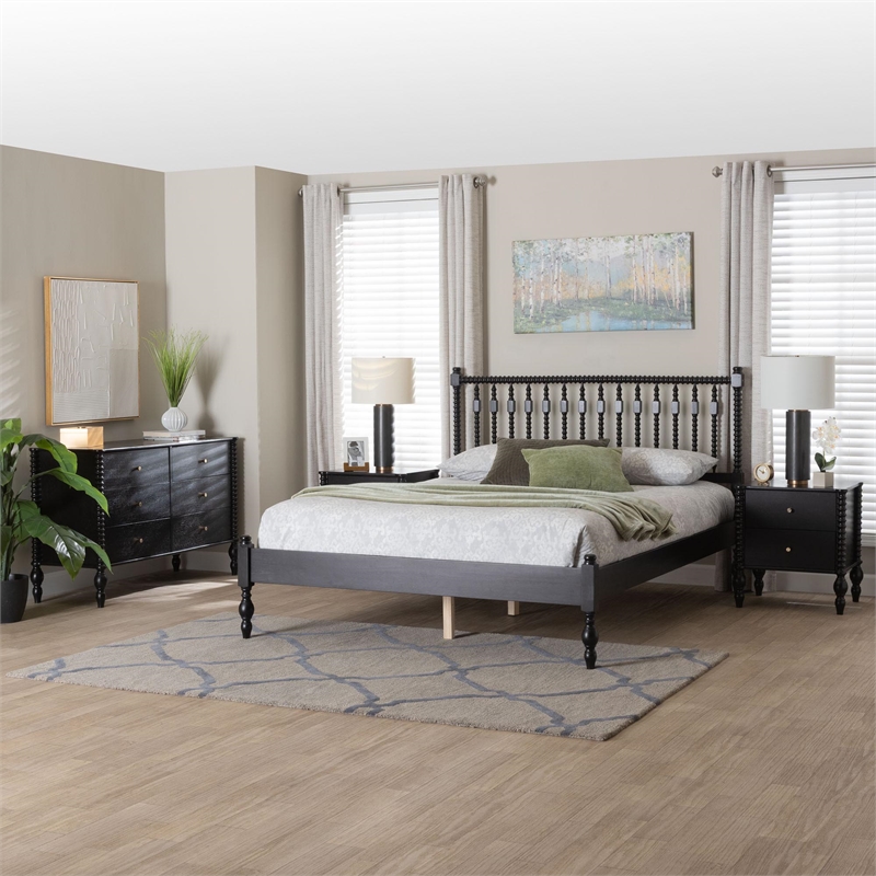 Pemberly Row Spindle 4-Piece Bedroom Set with Queen Platform Bed in Black