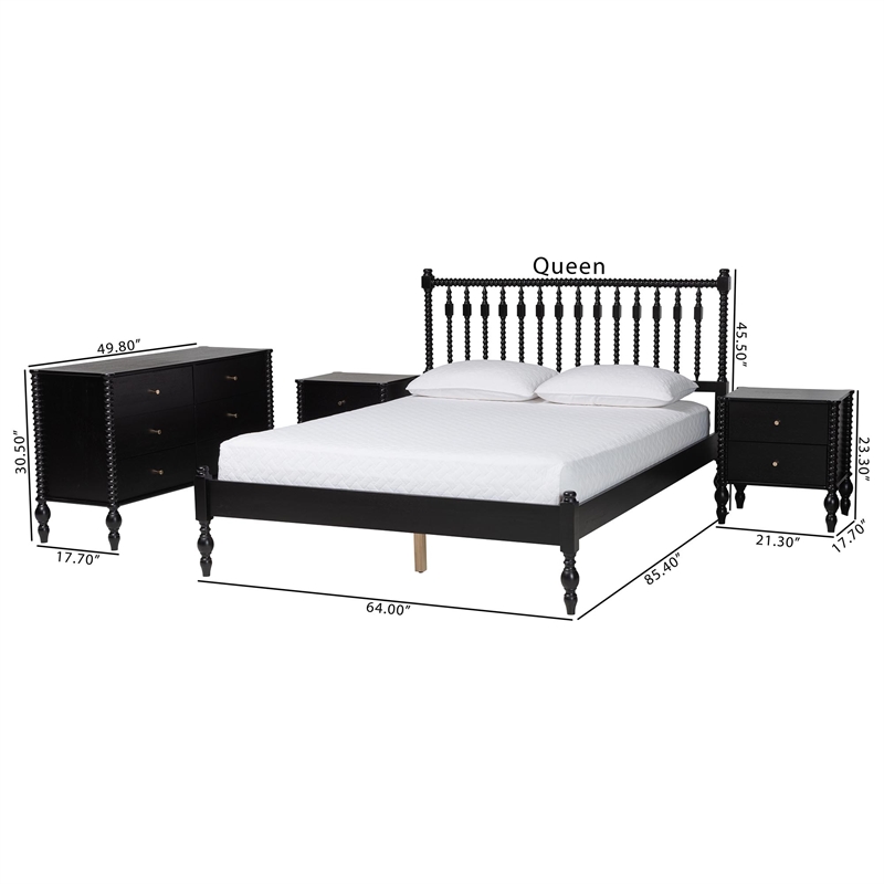 Pemberly Row Spindle 4-Piece Bedroom Set with Queen Platform Bed in Black