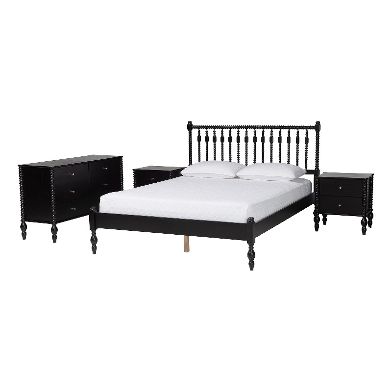 Pemberly Row Spindle 4-Piece Bedroom Set with Queen Platform Bed in Black