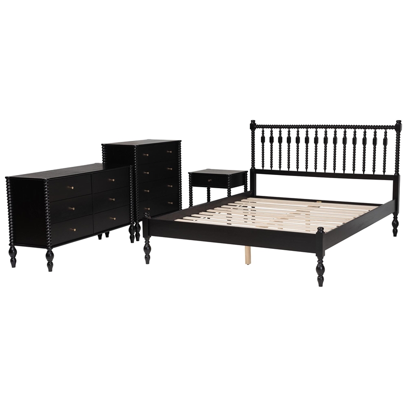 Pemberly Row Spindle 4-Piece Bedroom Set with Queen Platform Bed in Black