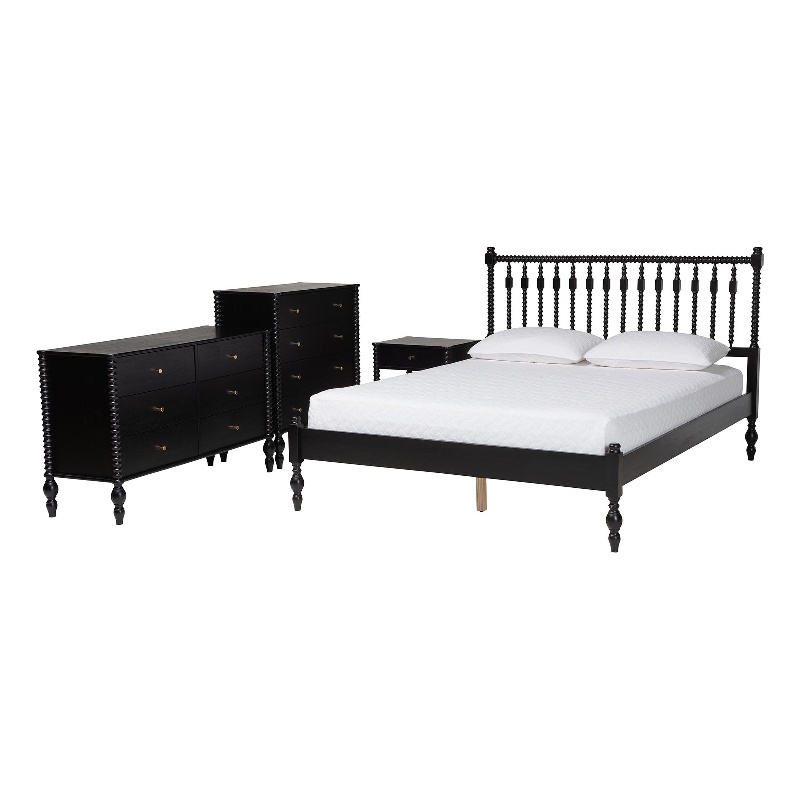 Pemberly Row Spindle 4-Piece Bedroom Set with Queen Platform Bed in Black