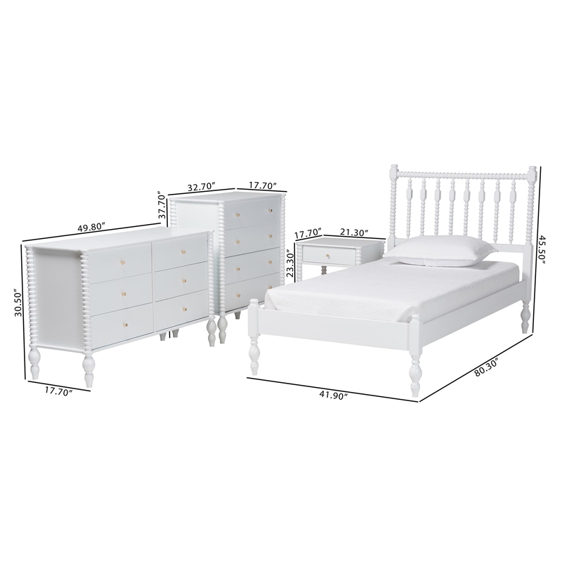 Pemberly Row Spindle 4-Piece Bedroom Set with Twin Platform Bed in White