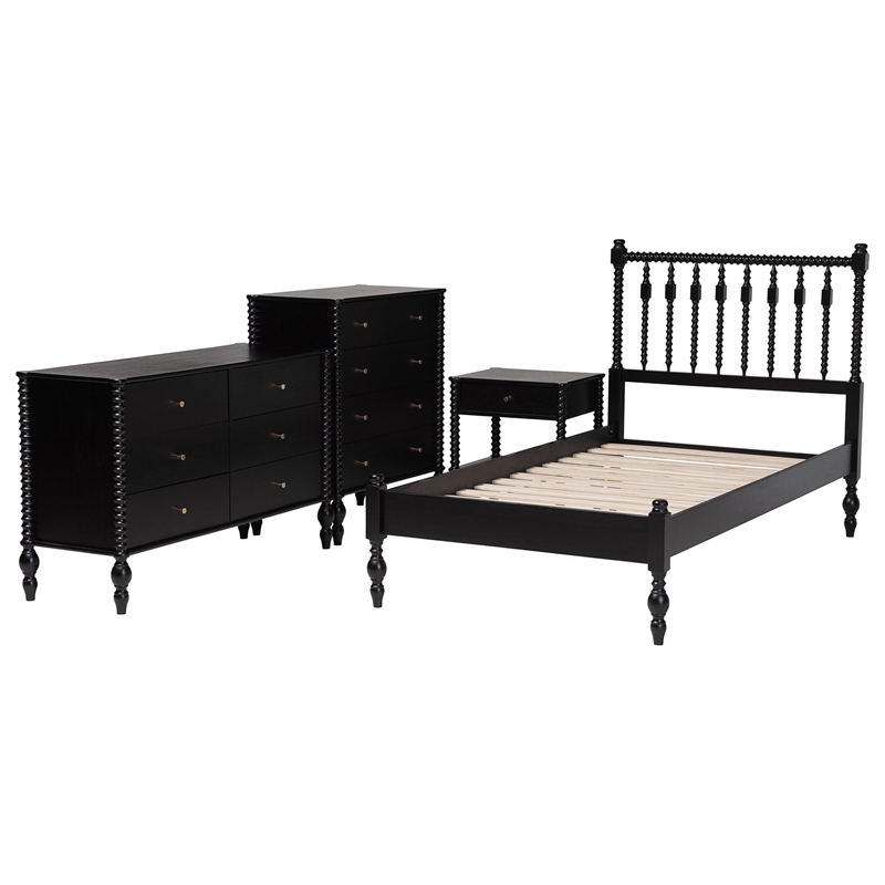 Pemberly Row Spindle 4-Piece Bedroom Set with Twin Platform Bed in Black