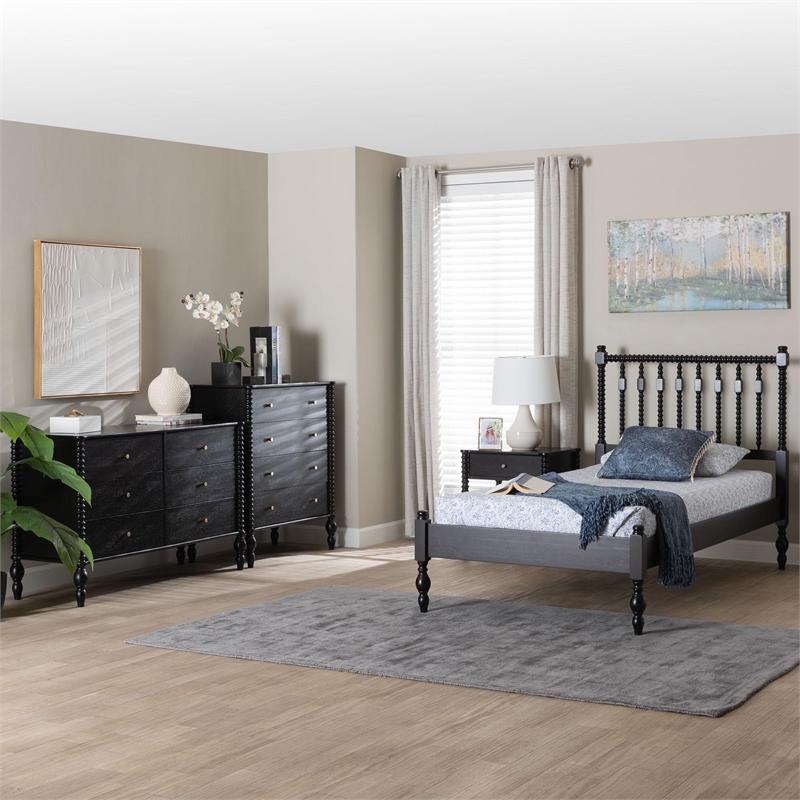 Pemberly Row Spindle 4-Piece Bedroom Set with Twin Platform Bed in Black