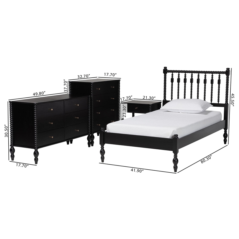 Pemberly Row Spindle 4-Piece Bedroom Set with Twin Platform Bed in Black