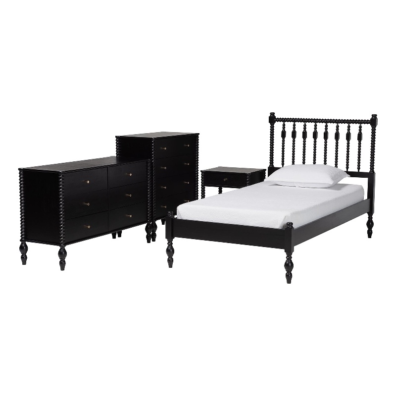 Pemberly Row Spindle 4-Piece Bedroom Set with Twin Platform Bed in Black