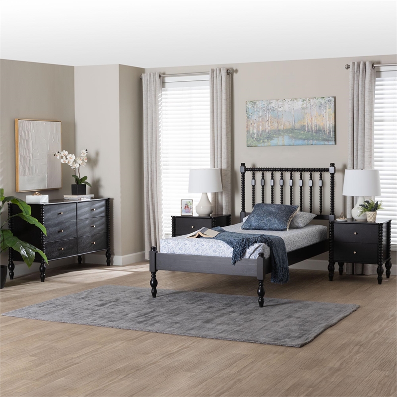 Pemberly Row Spindle 4-Piece Bedroom Set with Twin Platform Bed in Black