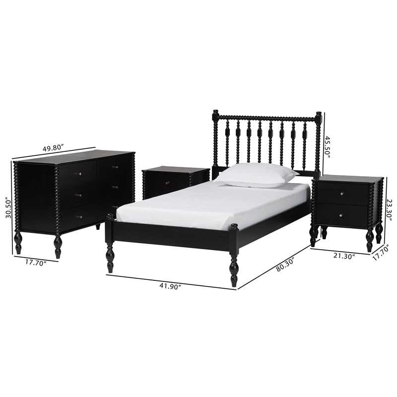 Pemberly Row Spindle 4-Piece Bedroom Set with Twin Platform Bed in Black