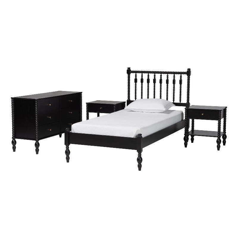 Pemberly Row Spindle 4-Piece Bedroom Set with Twin Platform Bed in Black