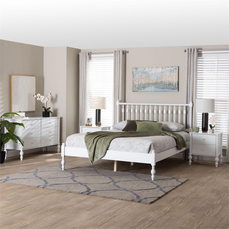 Pemberly Row Spindle 4-Piece Bedroom Set with Queen Platform Bed in White