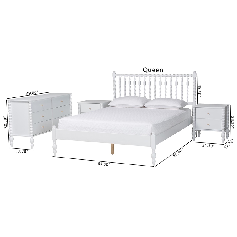 Pemberly Row Spindle 4-Piece Bedroom Set with Queen Platform Bed in White