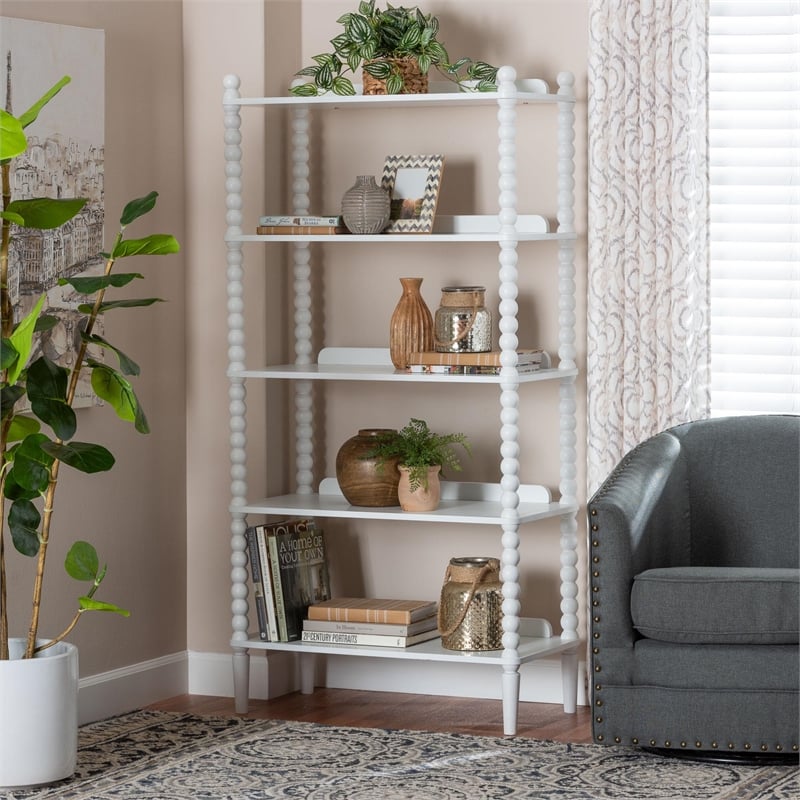 Pemberly Row 5-Tier Open Frame Vertical Bookcase with Bobbin Legs in White