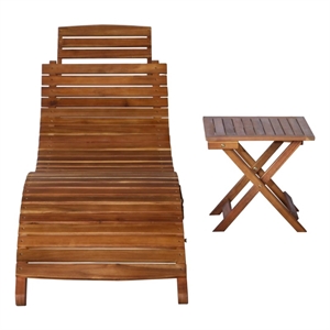 Pemberly Row Solid Acacia Wood Foldable Sun Lounger with Table in Brown