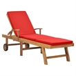 Pemberly Row Solid Teak Wood Sun Lounger with Red Cushion and Wheels