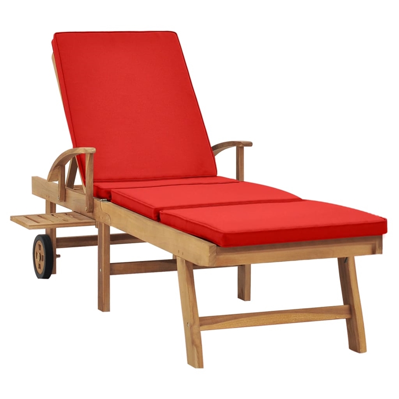 Pemberly Row Solid Teak Wood Sun Lounger with Red Cushion and Wheels