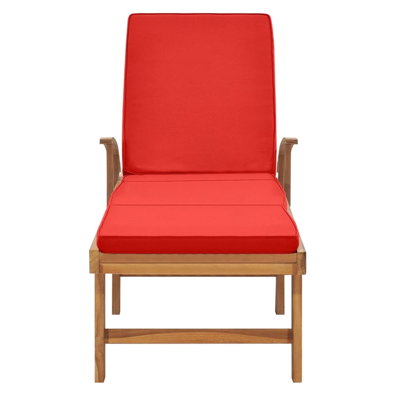 Pemberly Row Solid Teak Wood Sun Lounger with Red Cushion and Wheels