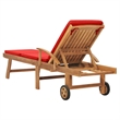 Pemberly Row Solid Teak Wood Sun Lounger with Red Cushion and Wheels