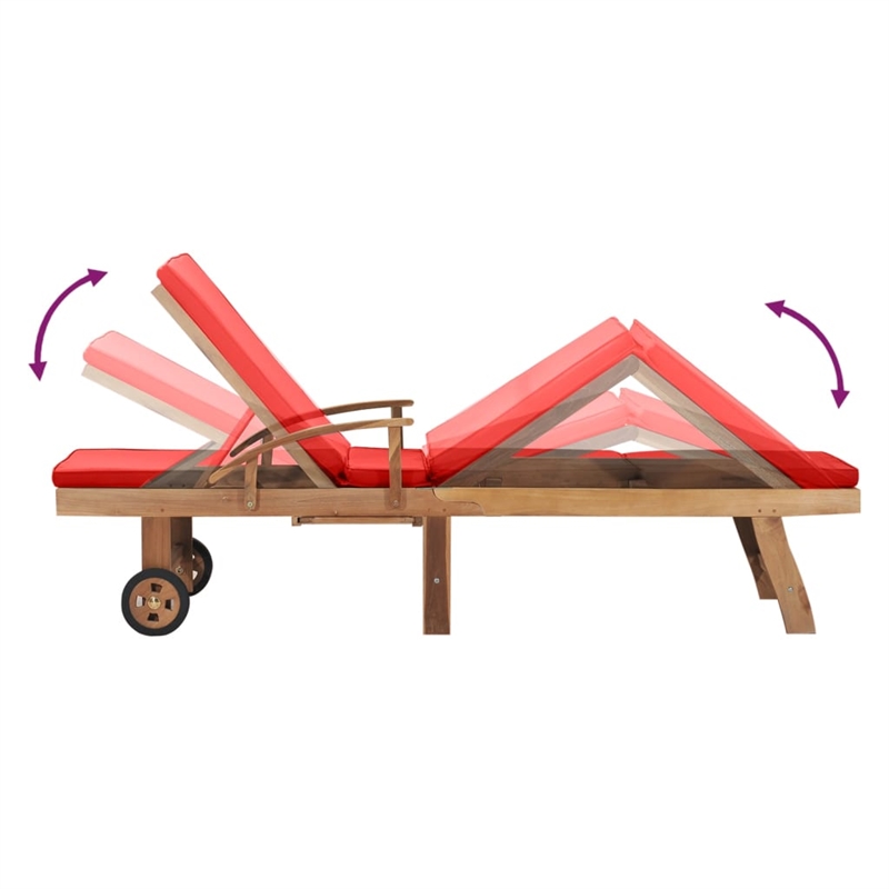 Pemberly Row Solid Teak Wood Sun Lounger with Red Cushion and Wheels