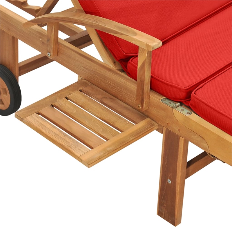 Pemberly Row Solid Teak Wood Sun Lounger with Red Cushion and Wheels