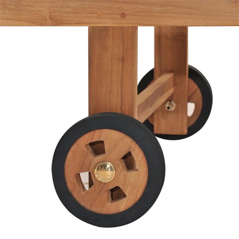 Pemberly Row Solid Teak Wood Sun Lounger with Red Cushion and Wheels