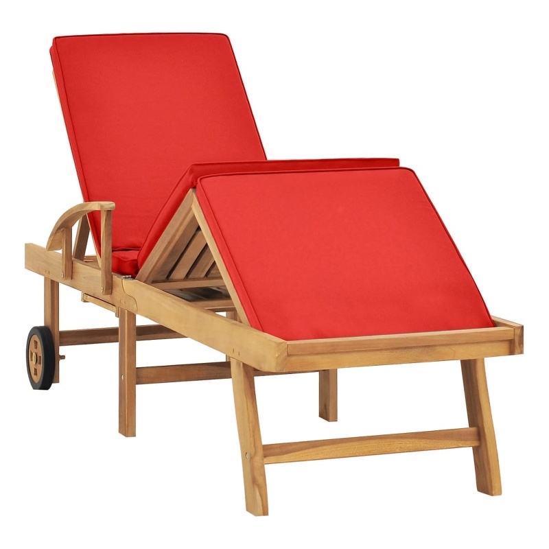 Pemberly Row Solid Teak Wood Sun Lounger with Red Cushion and Wheels