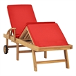 Pemberly Row Solid Teak Wood Sun Lounger with Red Cushion and Wheels