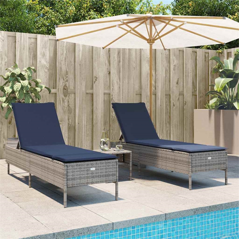 Pemberly Row 3-Piece PE Rattan Patio Sun Lounger Set with Table in Gray