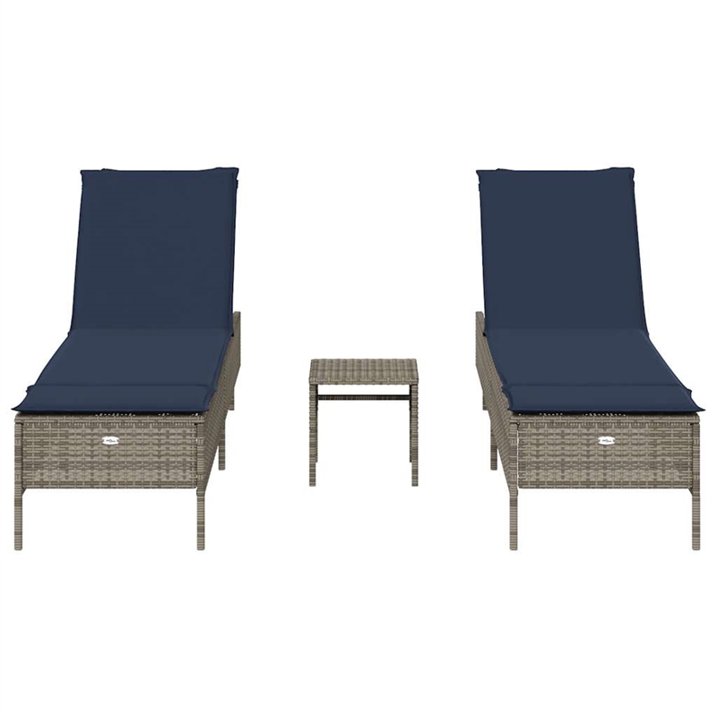 Pemberly Row 3-Piece PE Rattan Patio Sun Lounger Set with Table in Gray