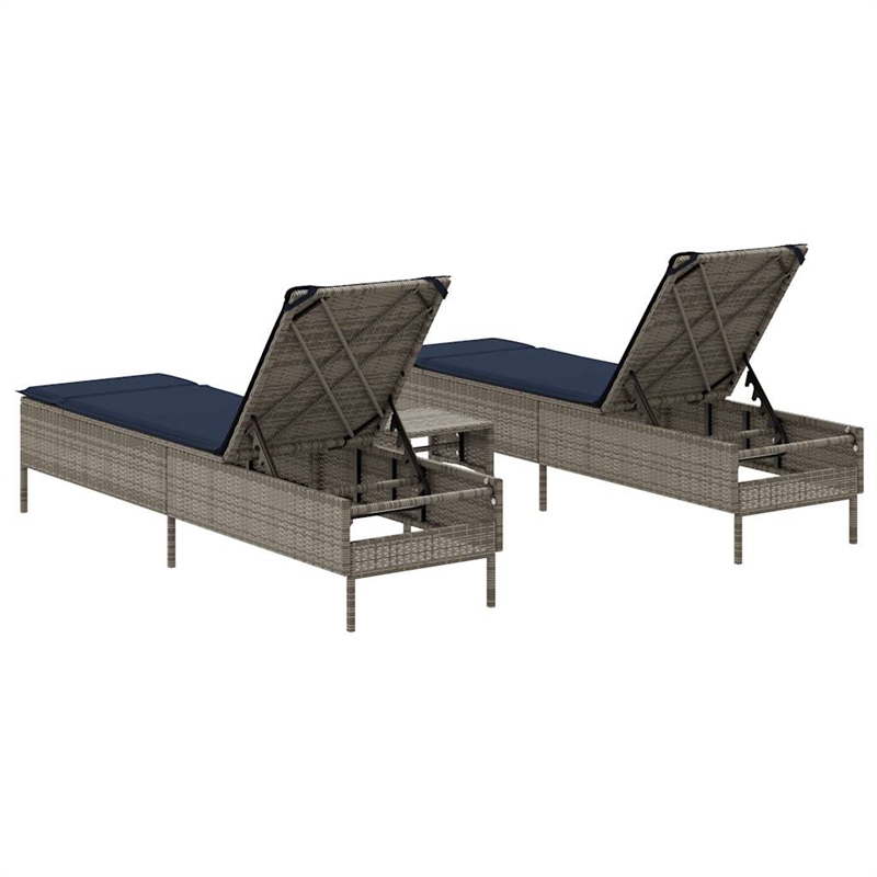 Pemberly Row 3-Piece PE Rattan Patio Sun Lounger Set with Table in Gray