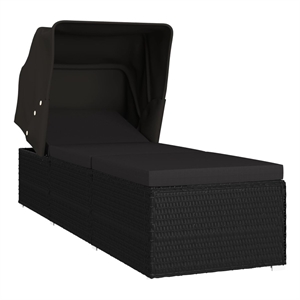 Pemberly Row PE Rattan and Steel Foldable Sun Lounger with Canopy in Black