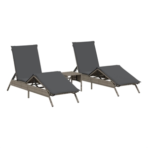 Pemberly Row PE Rattan 2-Seater Sun Lounger Set with Side Table in Gray