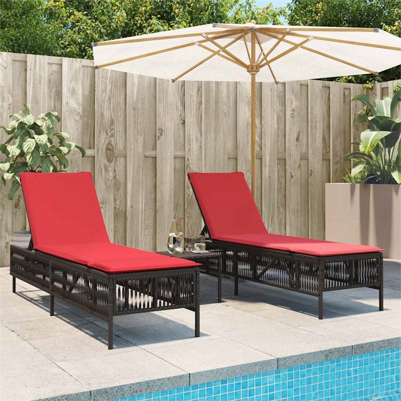 Pemberly Row Patio PE Rattan Sun Lounger Set with Side Table in Brown