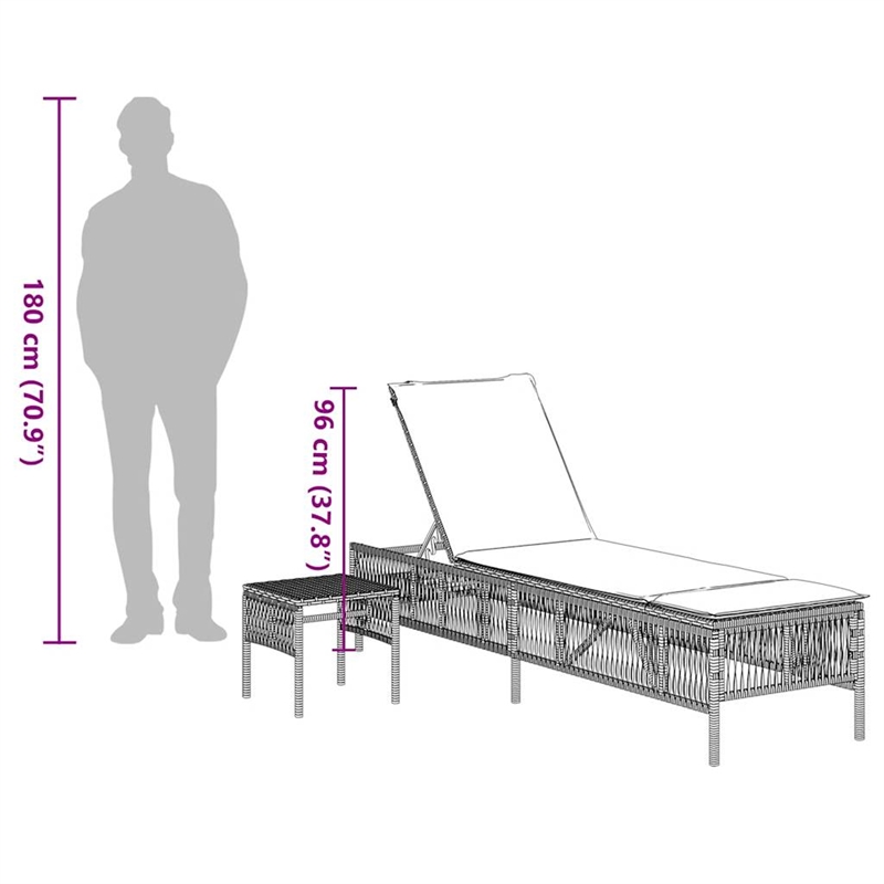Pemberly Row Patio PE Rattan Sun Lounger Set with Side Table in Brown