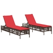 Pemberly Row Patio PE Rattan Sun Lounger Set with Side Table in Brown