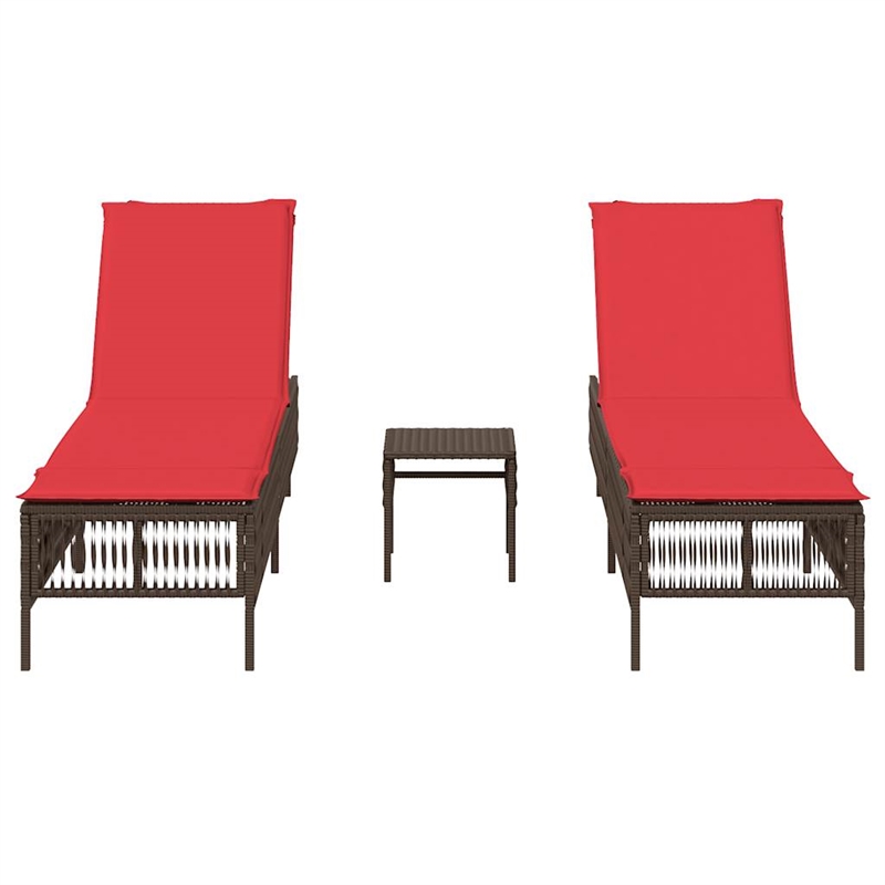 Pemberly Row Patio PE Rattan Sun Lounger Set with Side Table in Brown