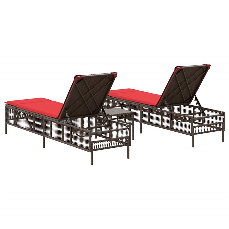 Pemberly Row Patio PE Rattan Sun Lounger Set with Side Table in Brown