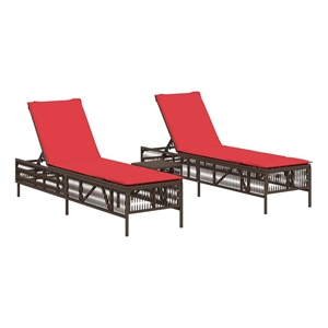 Pemberly Row Patio PE Rattan Sun Lounger Set with Side Table in Brown
