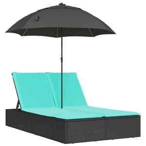 Pemberly Row Rattan Double Sun Lounger with Cushions and Parasol in Black