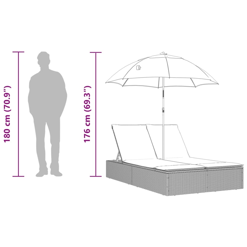 Pemberly Row Rattan Double Sun Lounger with Cushions and Parasol in Black