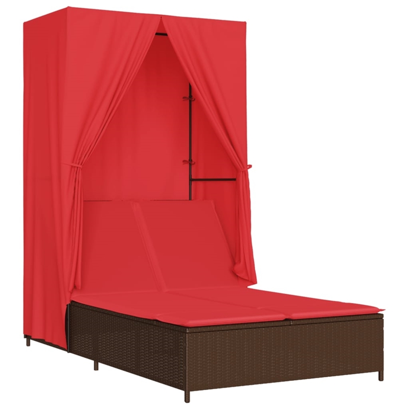 Pemberly Row Poly Rattan Double Sun Lounger with Roof and Curtains in Brown