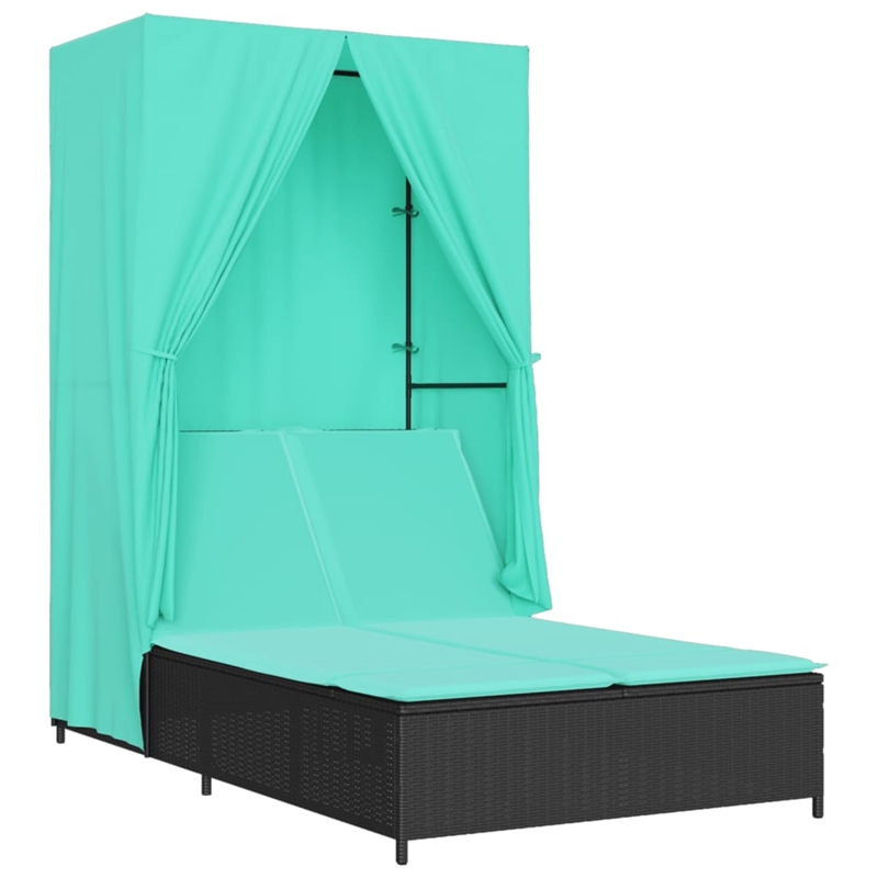 Pemberly Row Poly Rattan Double Sun Lounger with Roof and Curtains in Black